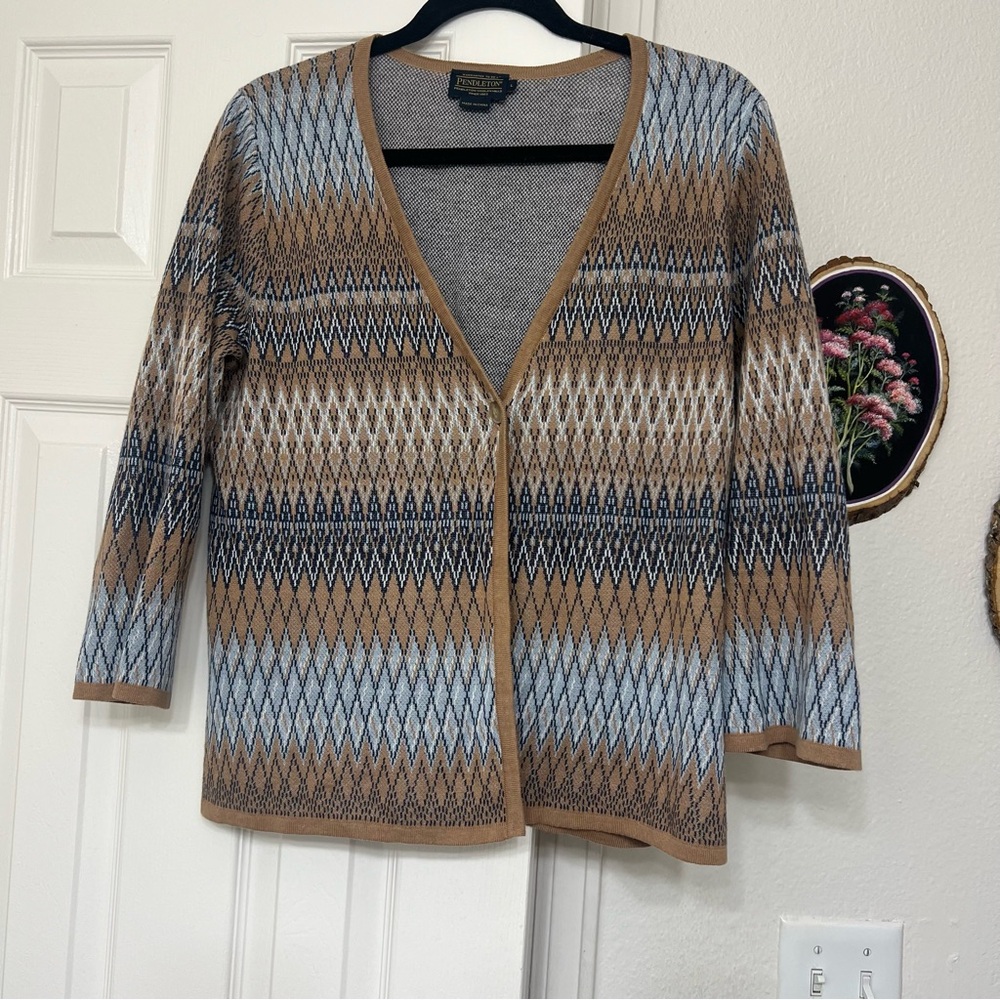 Pendleton Brown Tan Blue Argyle Pattern Cardigan … - image 1